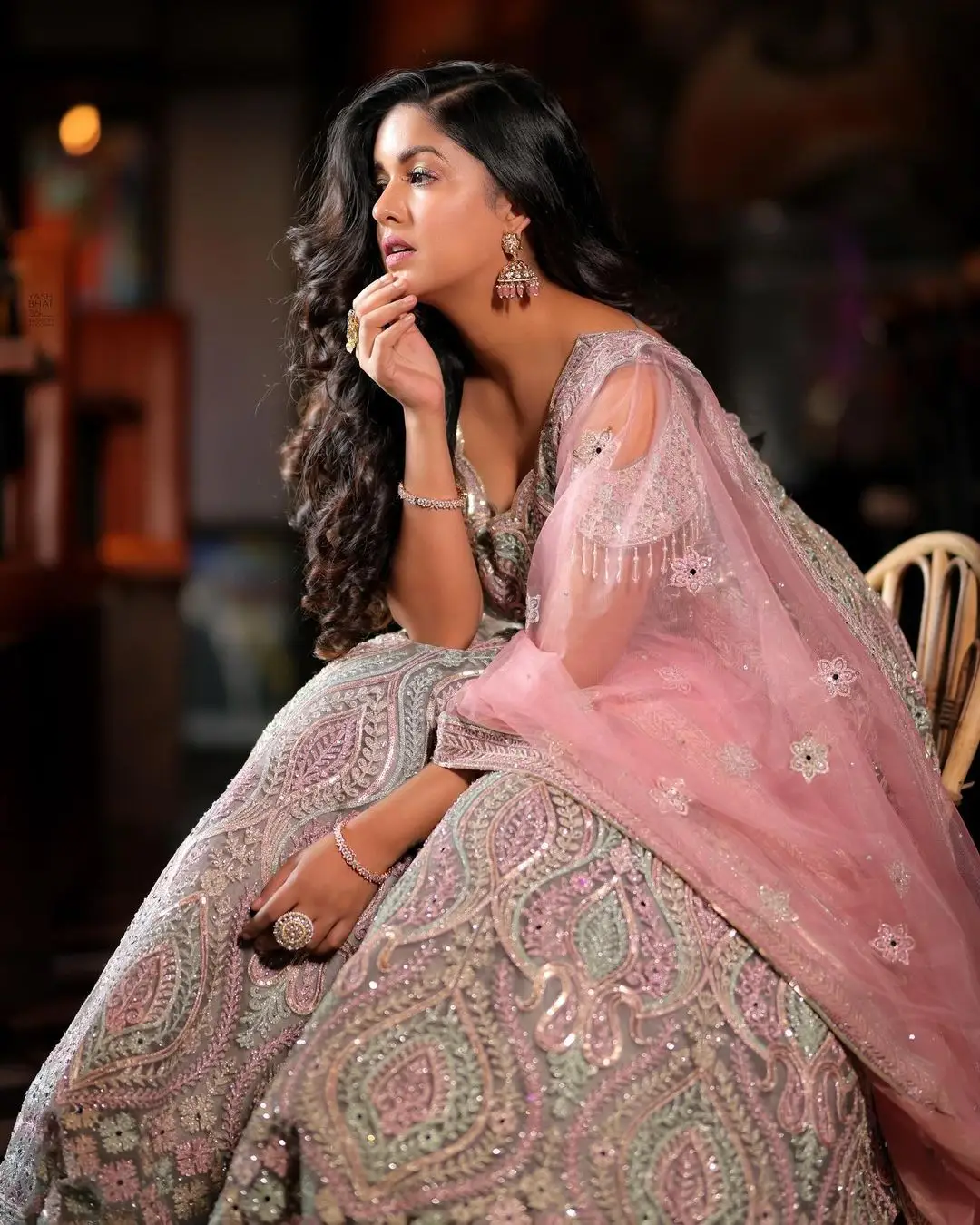 Meghana Raj Wearing Beautiful Earring Pink Gown